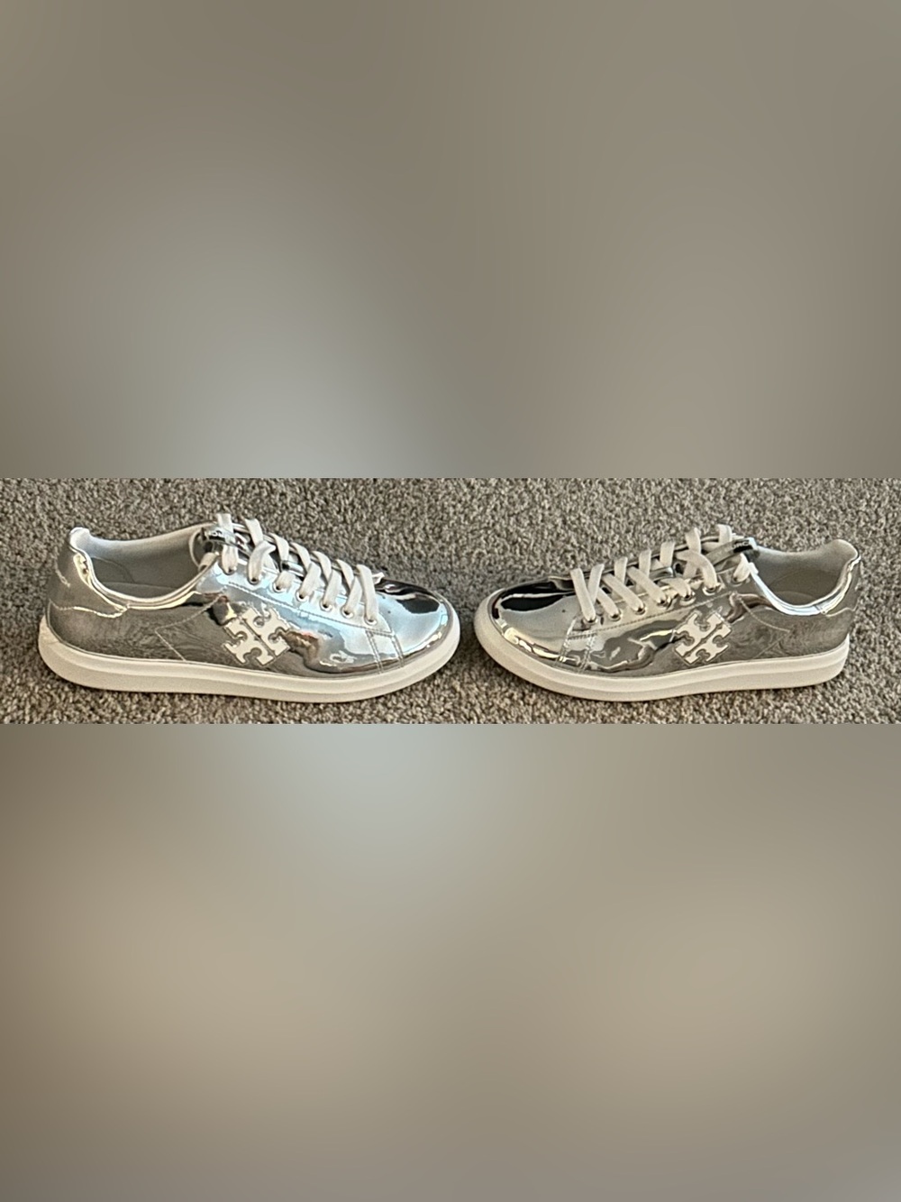 Tory Burch Women’s Silver Metallic Double T Howell Court Sneakers